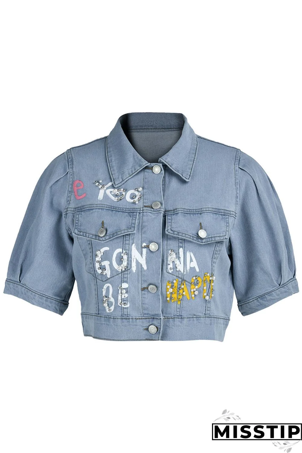 Blue Fashion Casual Letter Print Patchwork Beading Turndown Collar Half Sleeve Regular Denim Jacket