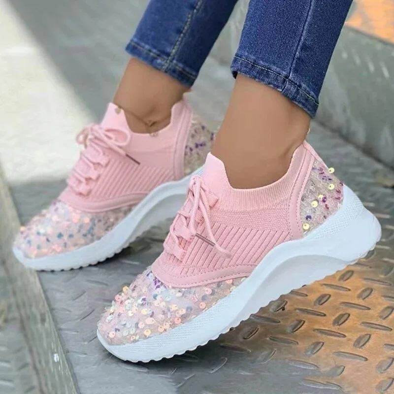 Yyvonne Sequins Platform Sneakers for Women 2023 Autumn Non Slip Knitting Flats Woman Breathable Mesh Walking Shoes Plus Size 43