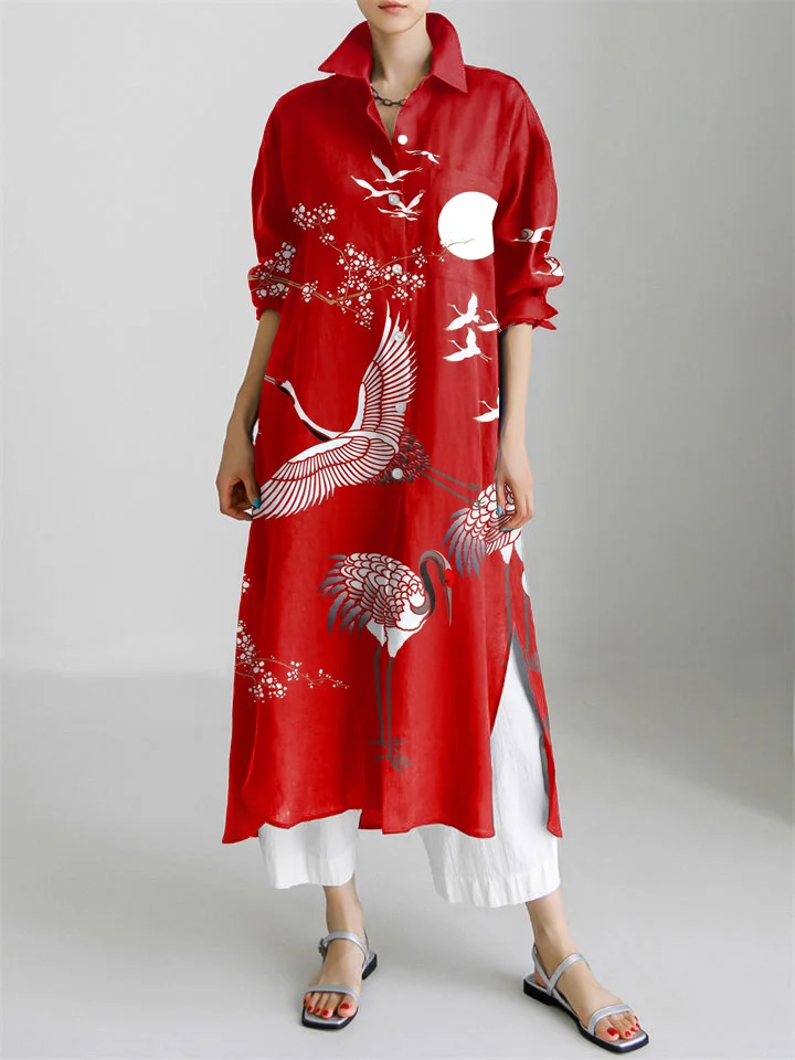 Vintage Crane Art Print Long Sleeve Slit Shirt Dress
