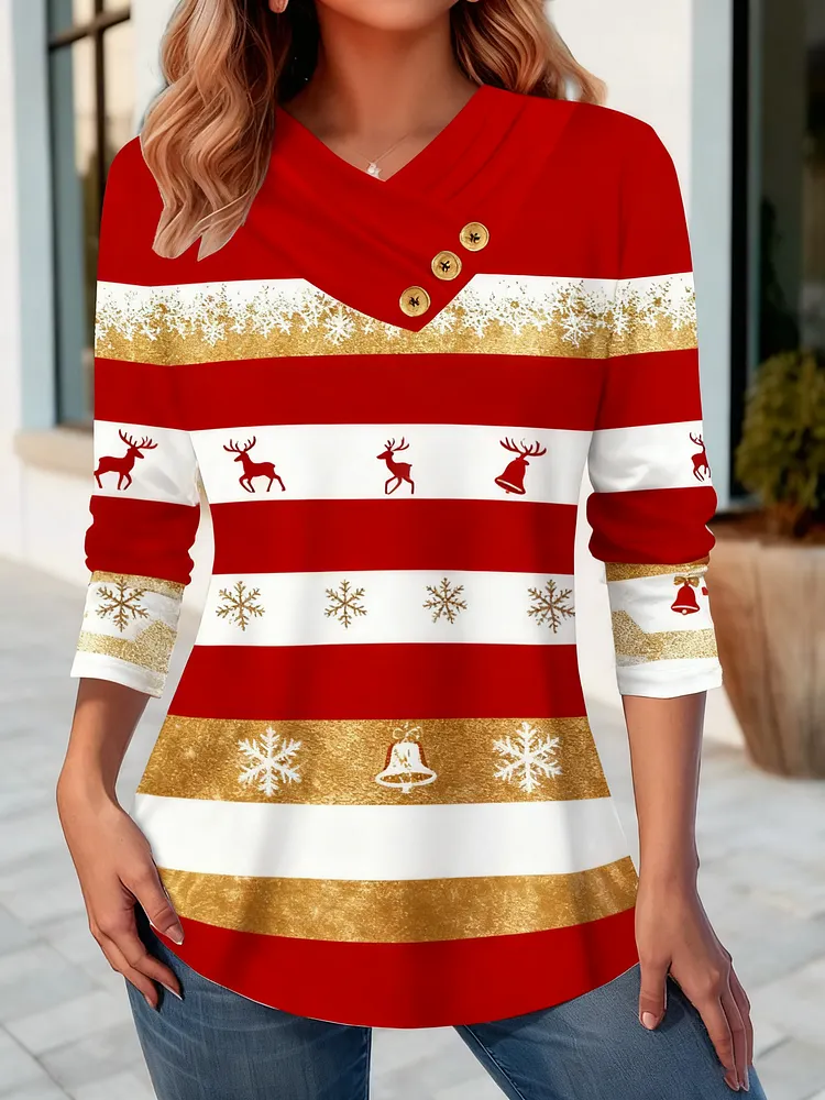 Women's pullover long-sleeved round-neck color block Christmas print casual fit sportswear top