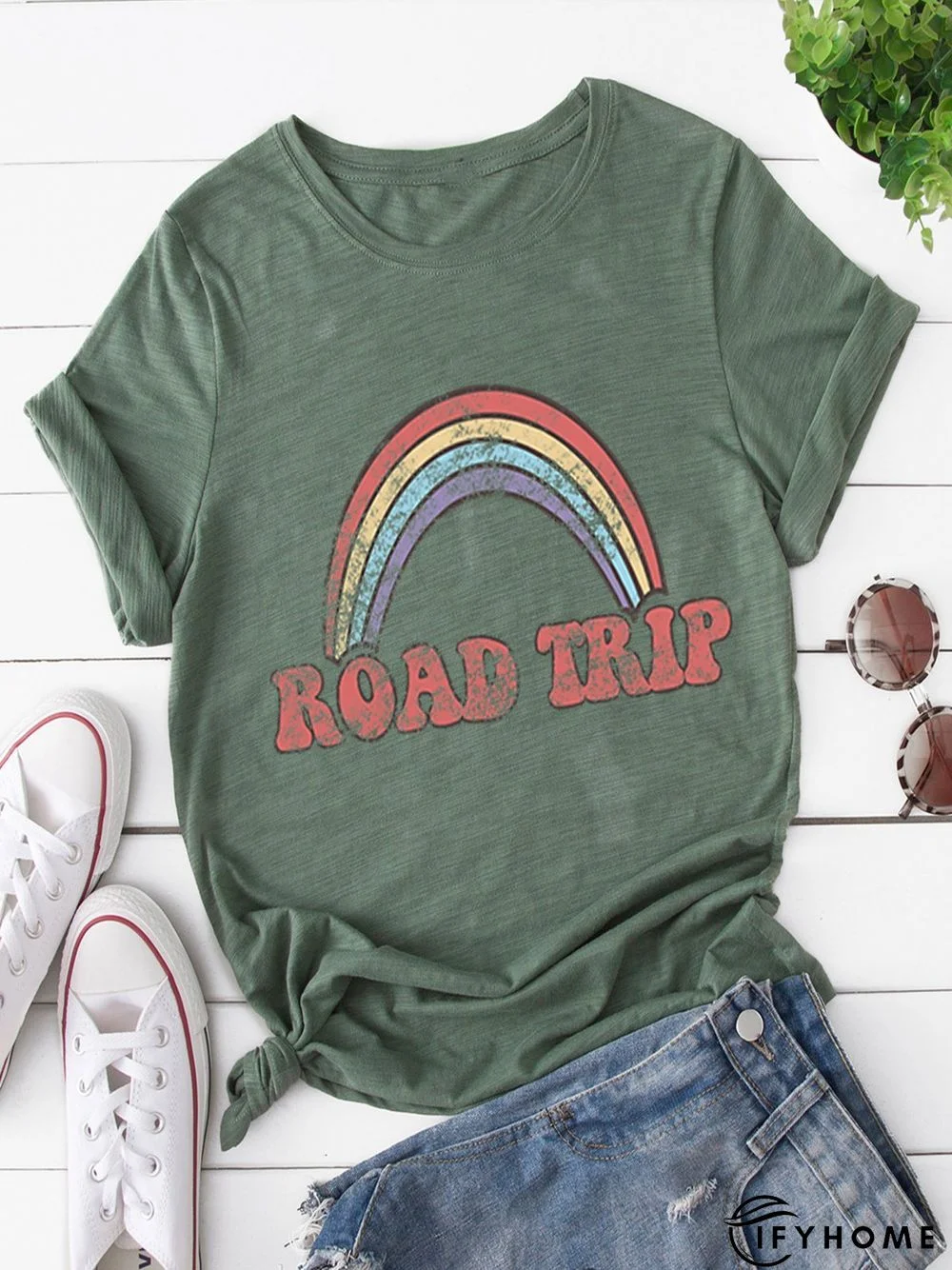Vintage Short Sleeve Rainbow Letter Printed Plus Size Casual Tops | IFYHOME