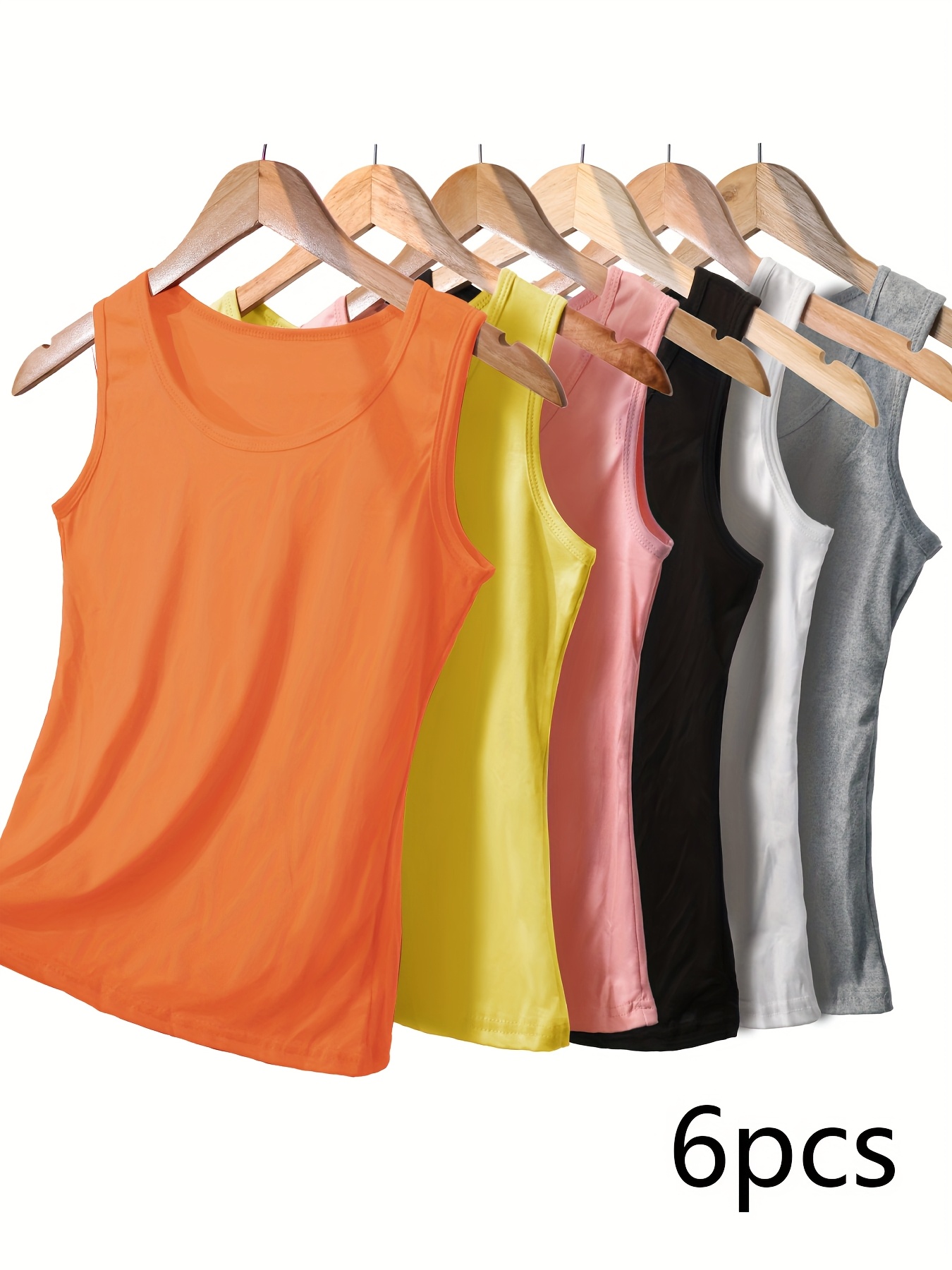6pcs Women's Basic Layering Tank Tops - Breathable Sleeveless Tops With Soft Stretch Fabric, No Chest Padding, Solid Colors Grey/White/Black/Pink/Yellow/Orange) For Casual & Formal Wear, Elegant Everyday Essentials, Ladies Tank Tops, Versatile Clothing | IFYHOME