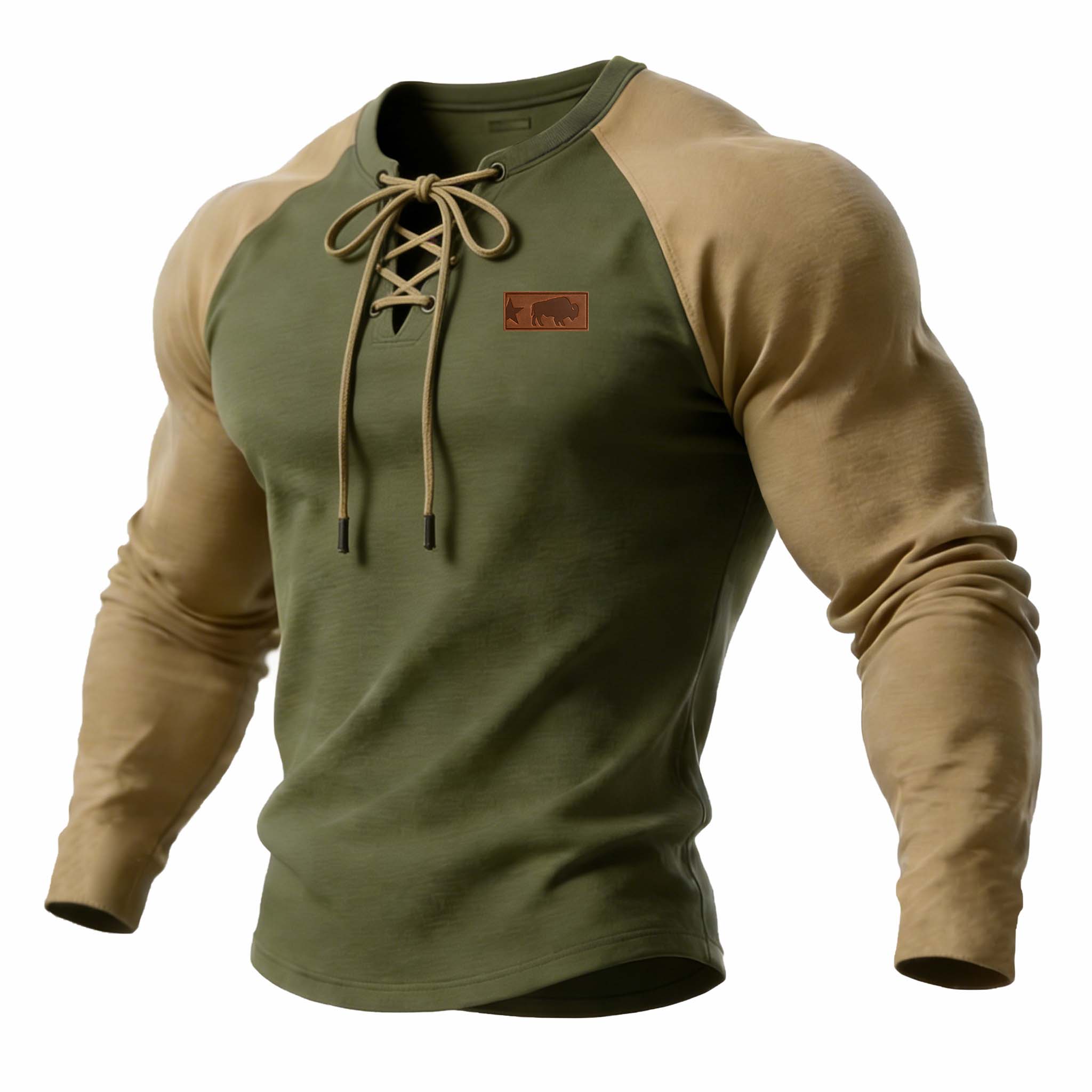 Military Green and Beige Raglan Sleeve Henley Shirt