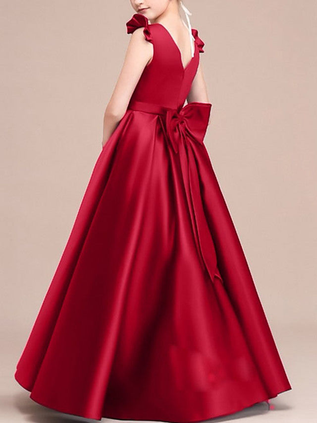 A-Line Round Neck Floor Length Satin Junior Bridesmaid Dress With Bow(S) / Ruffles