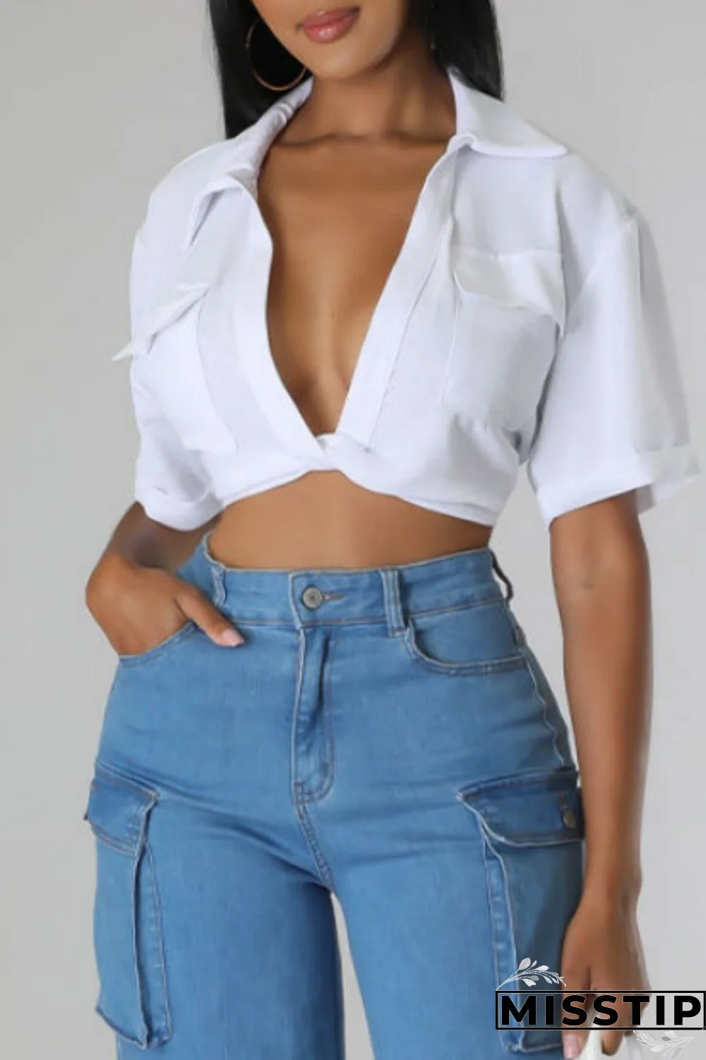 White Casual Solid Patchwork Turndown Collar Tops