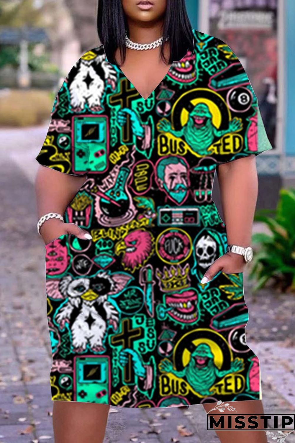 Black Casual Print Patchwork V Neck Straight Dresses