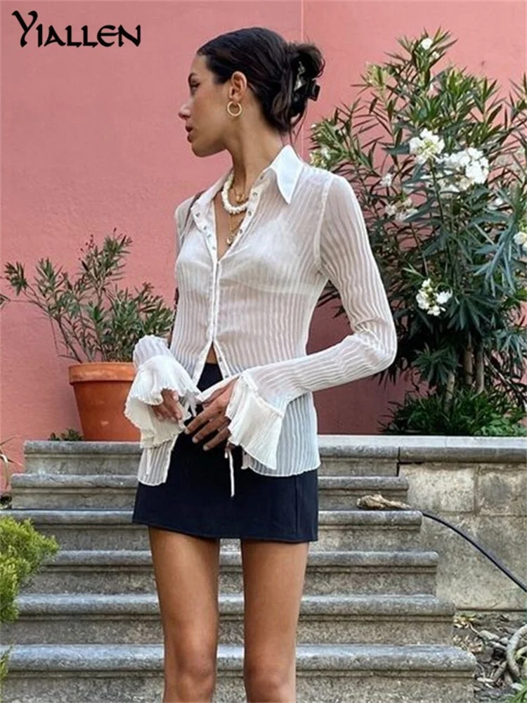Yiallen Autumn 2021 New Women Sexy T Shirts Vintage Fashion V Neck Button Y2k See Through White Casual Long Sleeve Top Ladies
