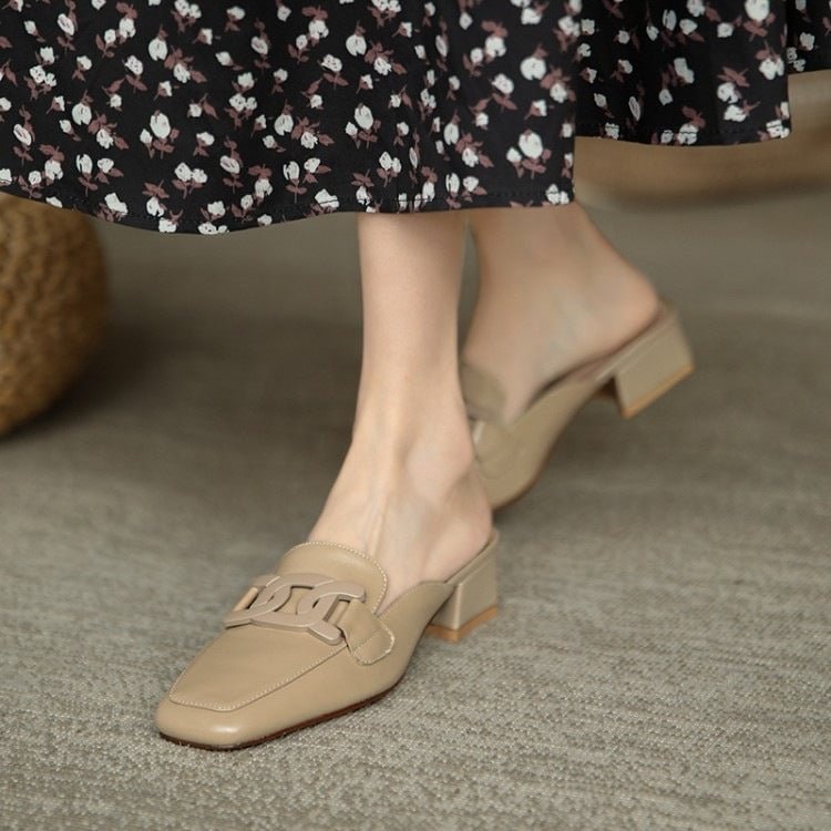 Vintage Loafer Slippers Solid Color Square Toe Block Heels