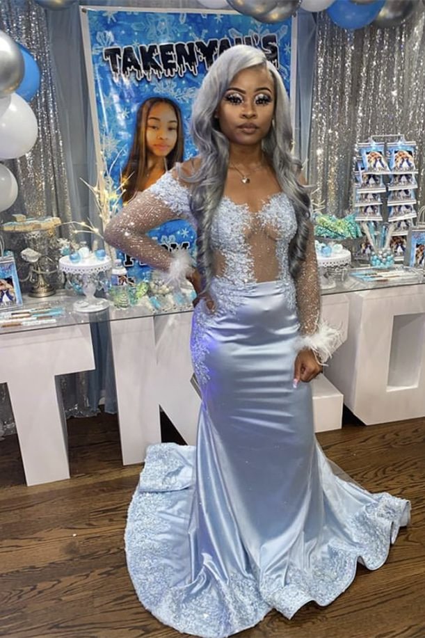 Baby Blue Long Sleeves Mermaid Prom Dress Feathers With Beadings | Ballbellas Ballbellas