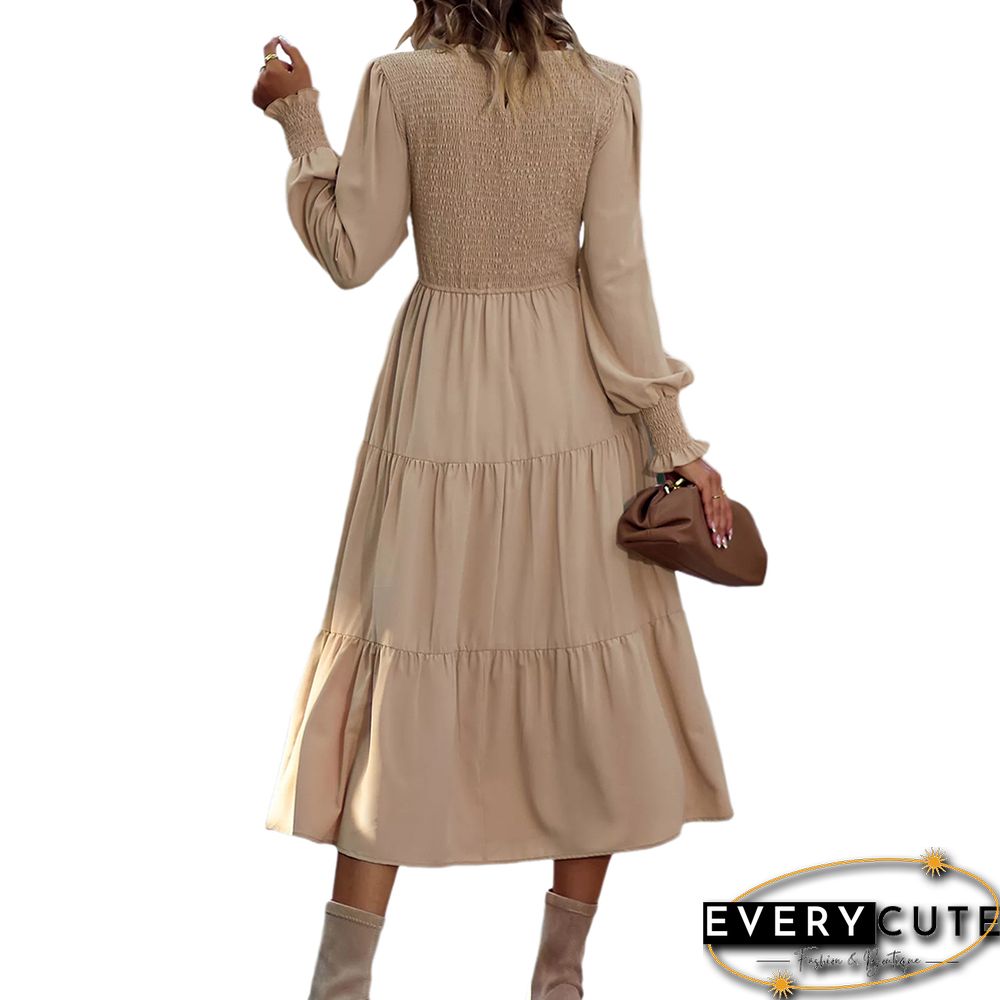 Khaki Crew Neck Smocked Swing Midi Dress