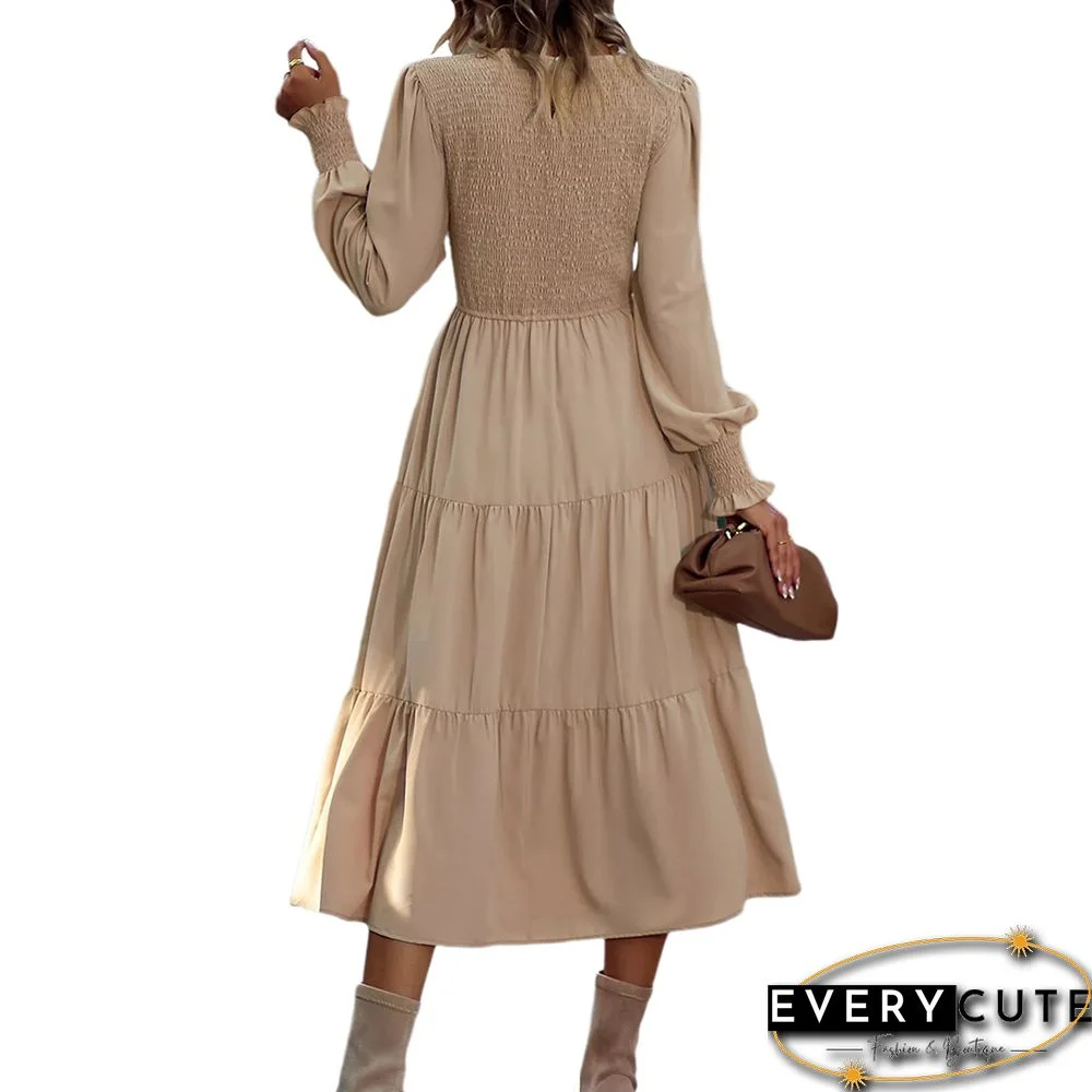Khaki Crew Neck Smocked Swing Midi Dress