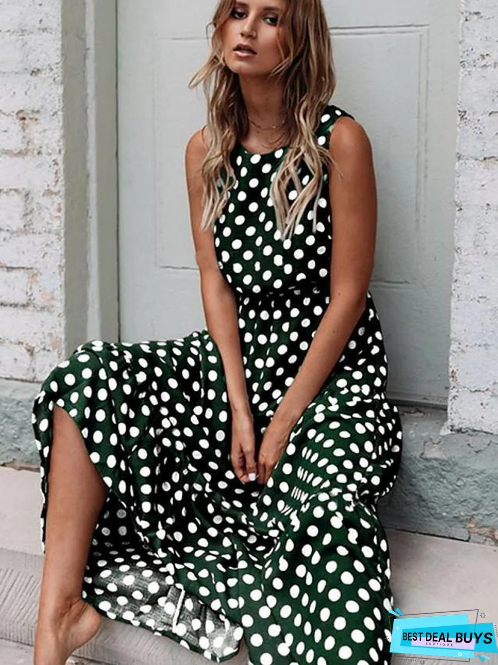 Women's Swing Dress Maxi Long Dress - Sleeveless Polka Dot Spring & Summer Hot Elegant Slim Black Yellow Navy Blue Khaki Green Black Dresses