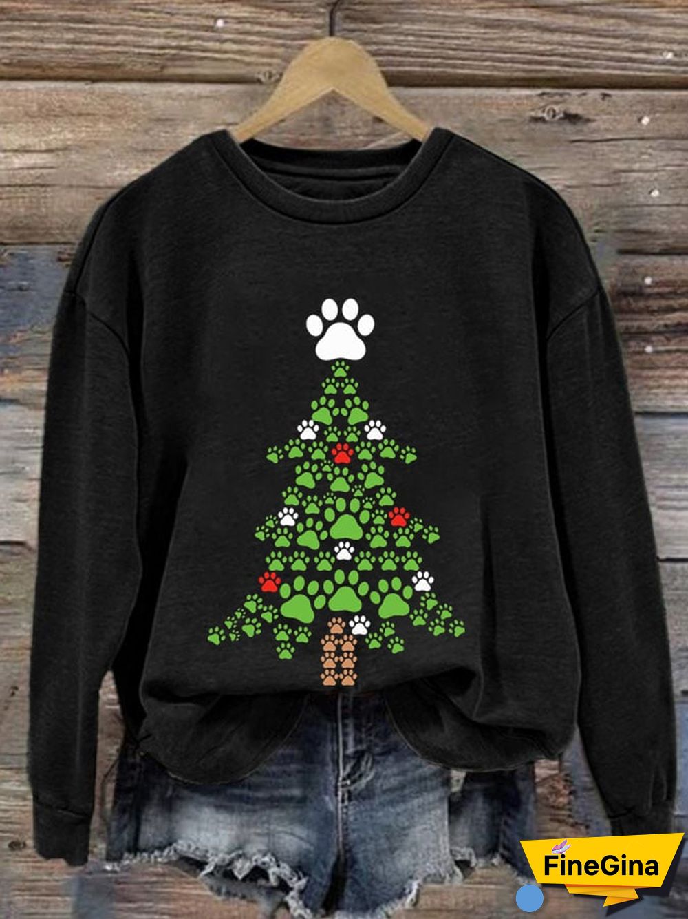 Women's Dogs Paws Christmas Tree Print Casual Sweatshirt