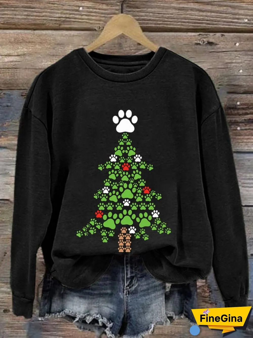Women's Dogs Paws Christmas Tree Print Casual Sweatshirt
