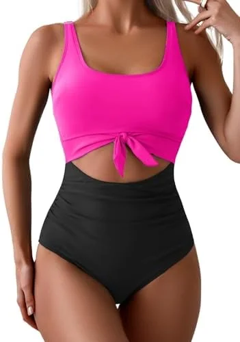 Women's One Piece Tummy Control Cut Out Tie Knot Swimsuit