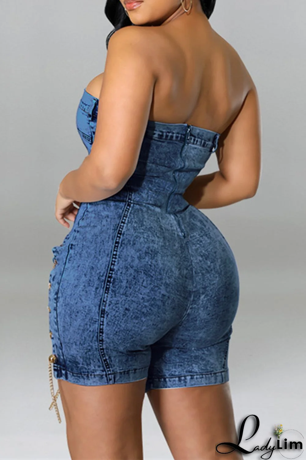Deep Blue Fashion Sexy Solid Chains Backless Strapless Skinny Romper