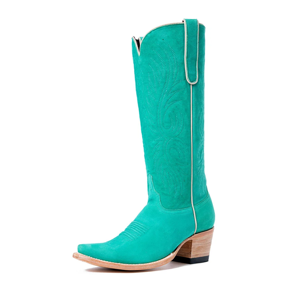 YDN Embroidered Chunky Heel Cowboy Boots for Women in Turquoise