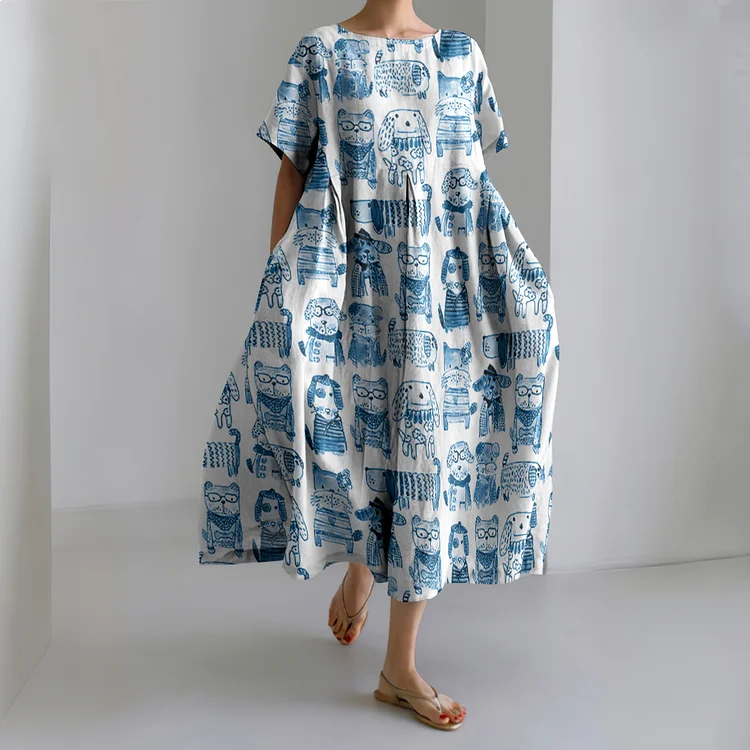 Abstract Dog And Doggies Print Loose Midi Dress