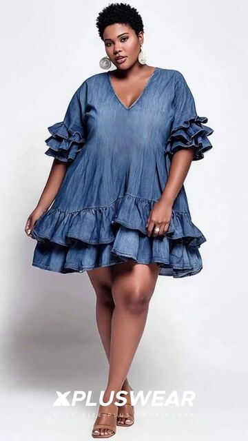 Xpluswear Design Plus Size Party Elegant Blue V Neck Short Sleeve Ruffle Tiered Tencel Denim Mini Dresses 2024 - Xpluswear