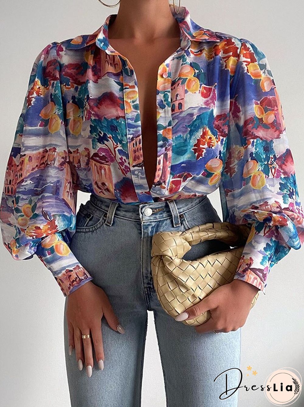 Fashion Lantern Sleeve Spring Summer Tops Blouses Casual Pattern Printed Single-bleached