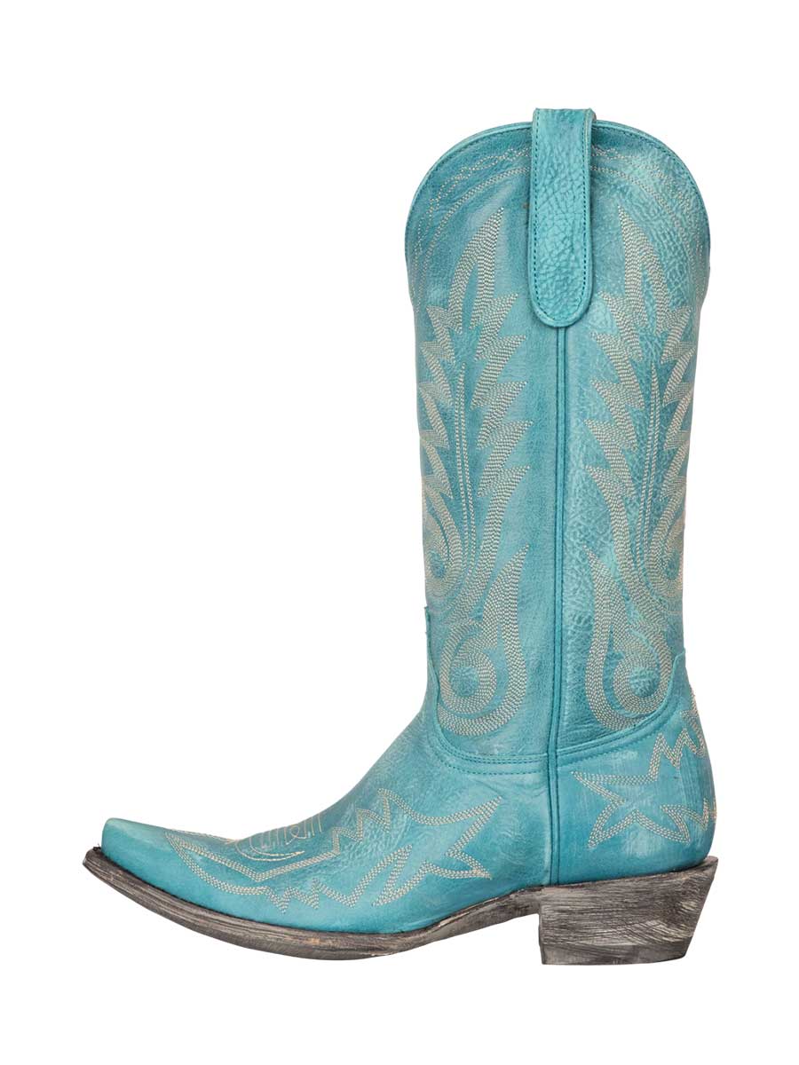 Turquoise Snip Toe Chunky Heel Embroidered Mid-Calf Cowgirl Boots