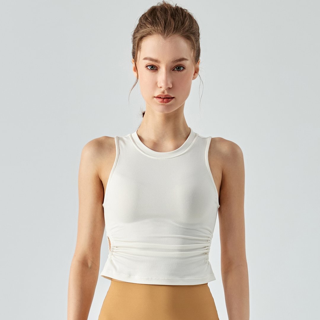 Hergymclothing Milk Tea White shockproof scrunch side hollow-out ribbed gym tank top with removable cups for sale