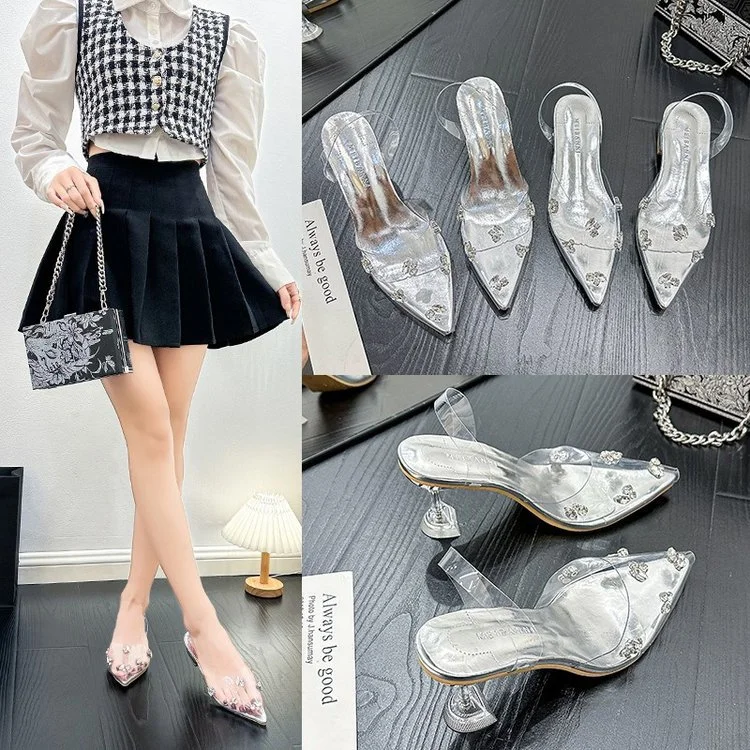 Yyvonne 2025 New Transparent Water Drill Tip Flat-Solt Fashion Shoes Women Low Heel Fairy Temperament Shallow Low Heel