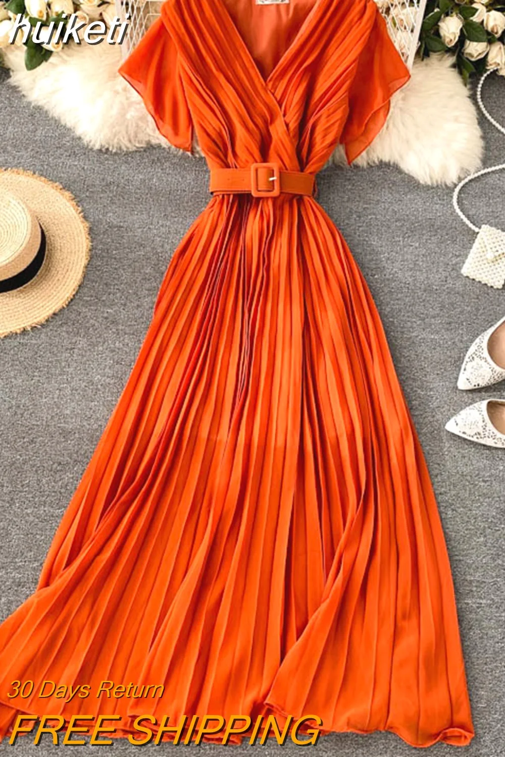 huiketi Women Summer French Vintage Midi Dress With Belt Puff Short Sleeve Office Lady Elegant Female 2023 Chiffon Pleated Clothes 1007