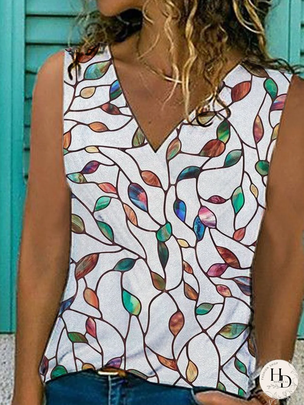 Leaves Sleeveless Printed Cotton-blend V neck Vintage Summer White Top