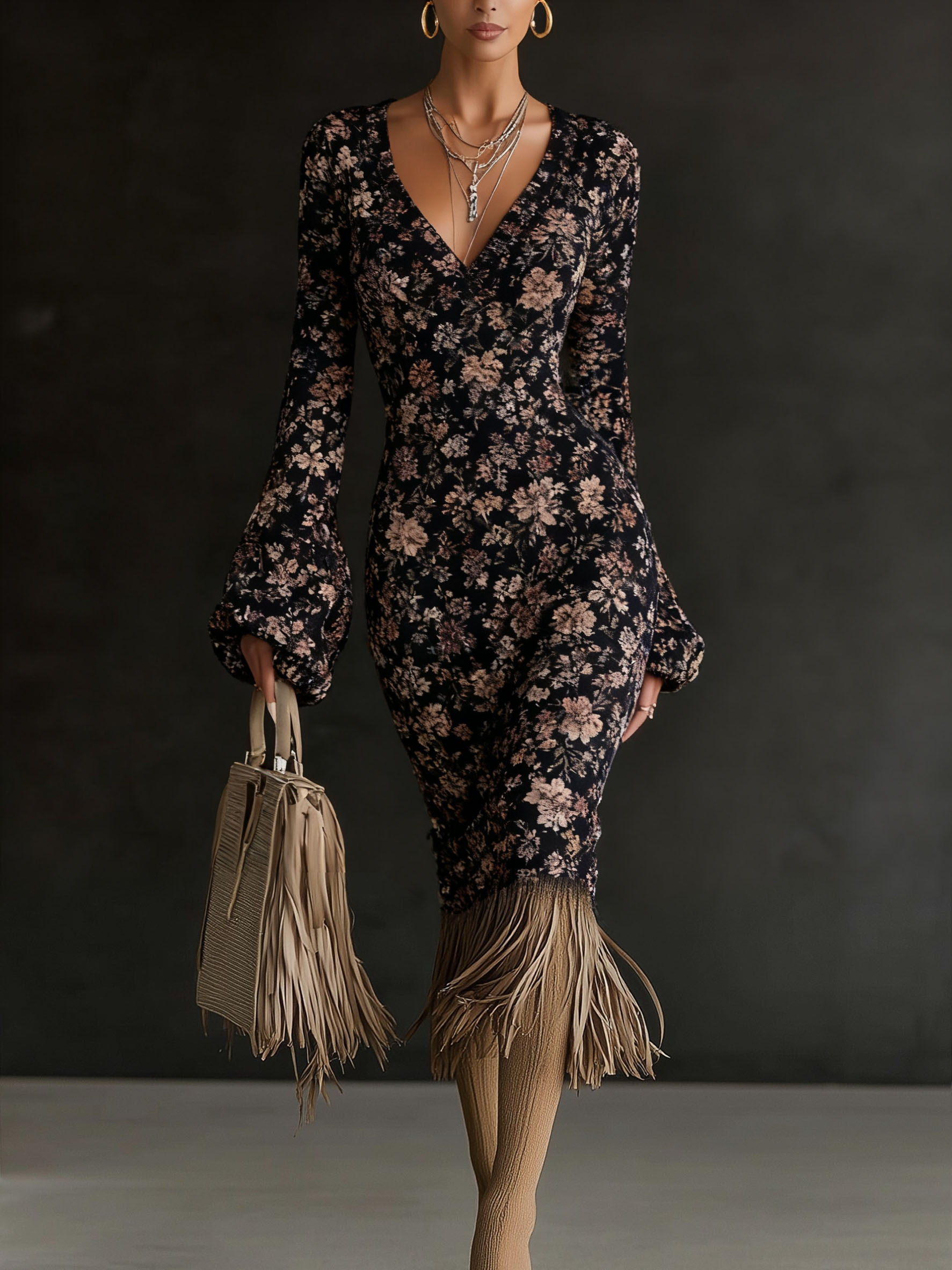 Lantern Sleeve Printed Tassel Maxi Dress-1027