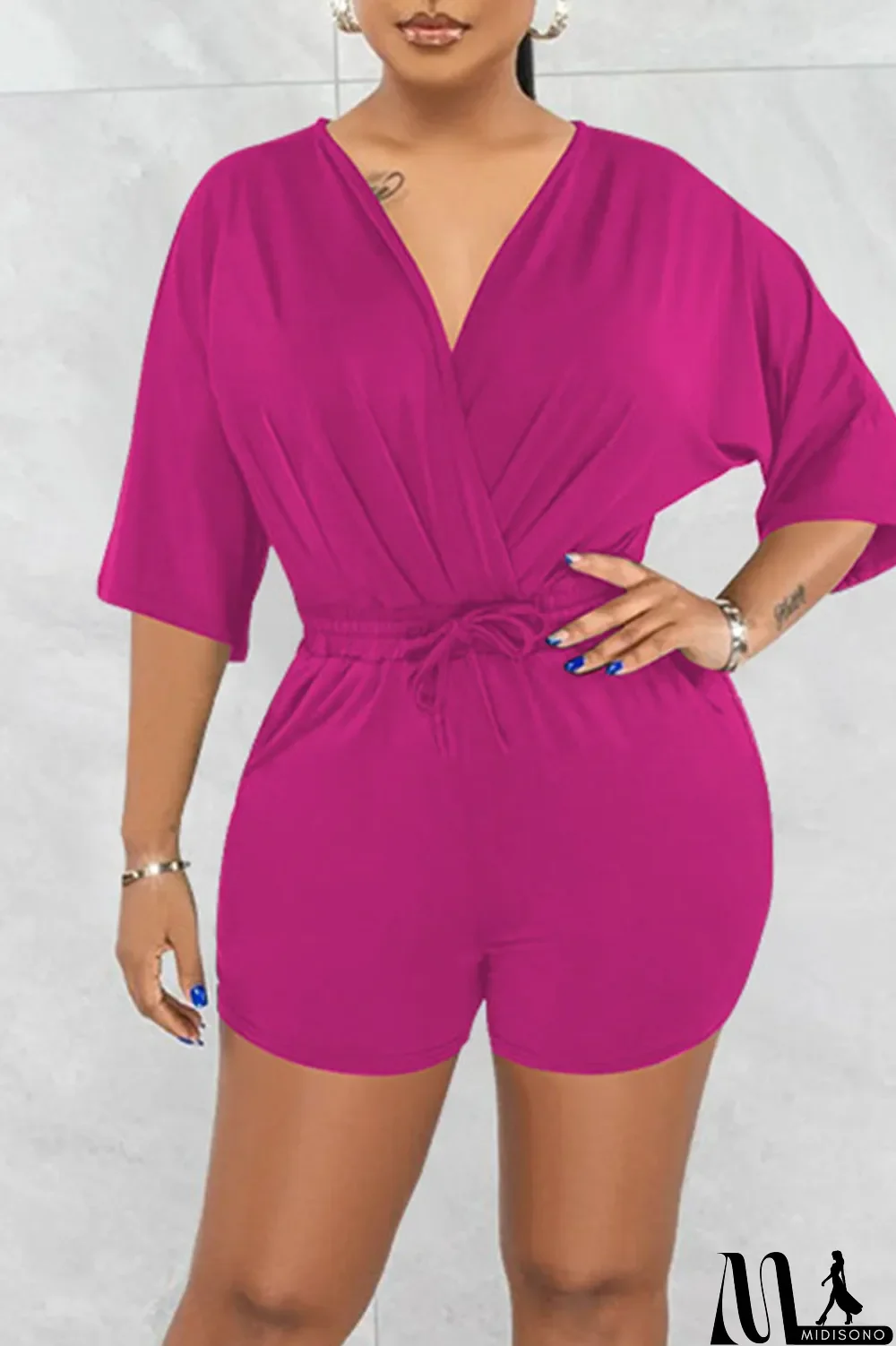 MidiSono - Rose Red Casual Solid Patchwork V Neck Straight Jumpsuits
