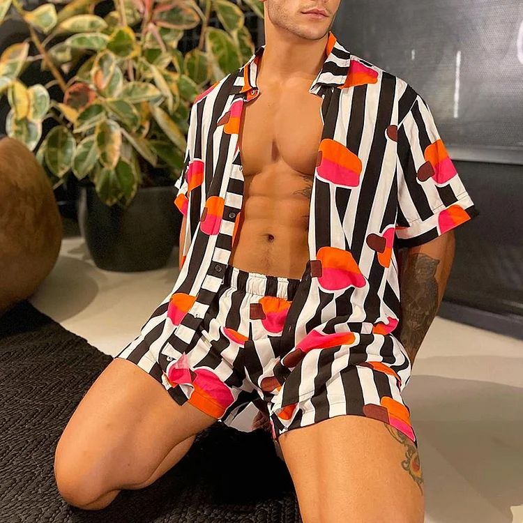 BrosWear Vertical Stripe Ice Cream Hawaiian Shirt And Shorts Co-Ord