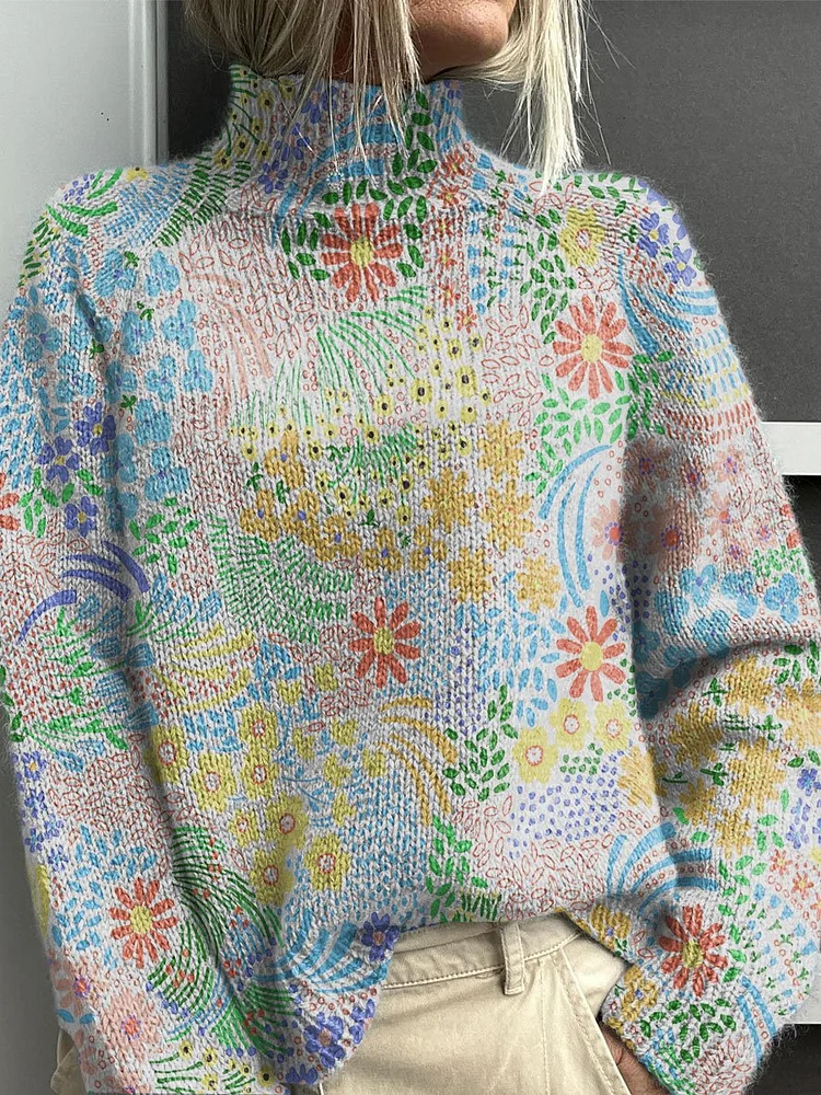 Vintage Flower Art Print Knit Turtleneck Pullover Sweater