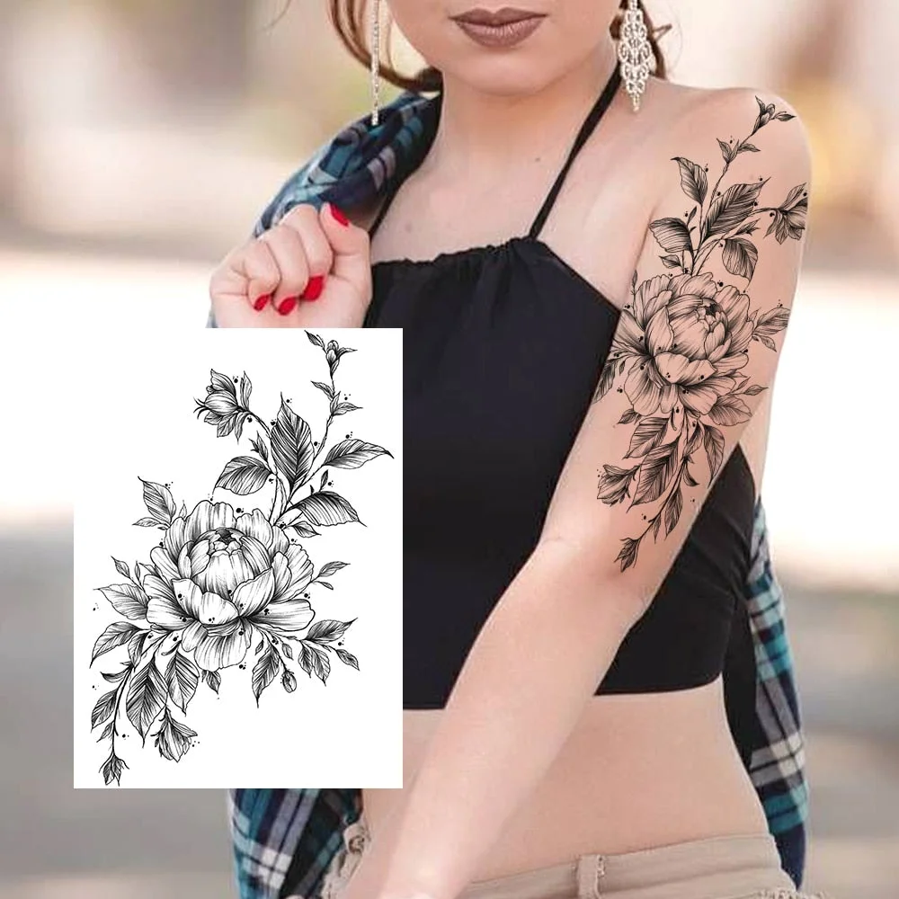 Sexy Flower Temporary Tattoos For Women Body Art Painting Arm Legs Tattoos Sticker Realistic Fake Black Rose Waterproof Tattoos