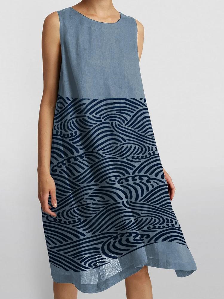 Cotton Linen Surf Print Sleeveless Midi Dress