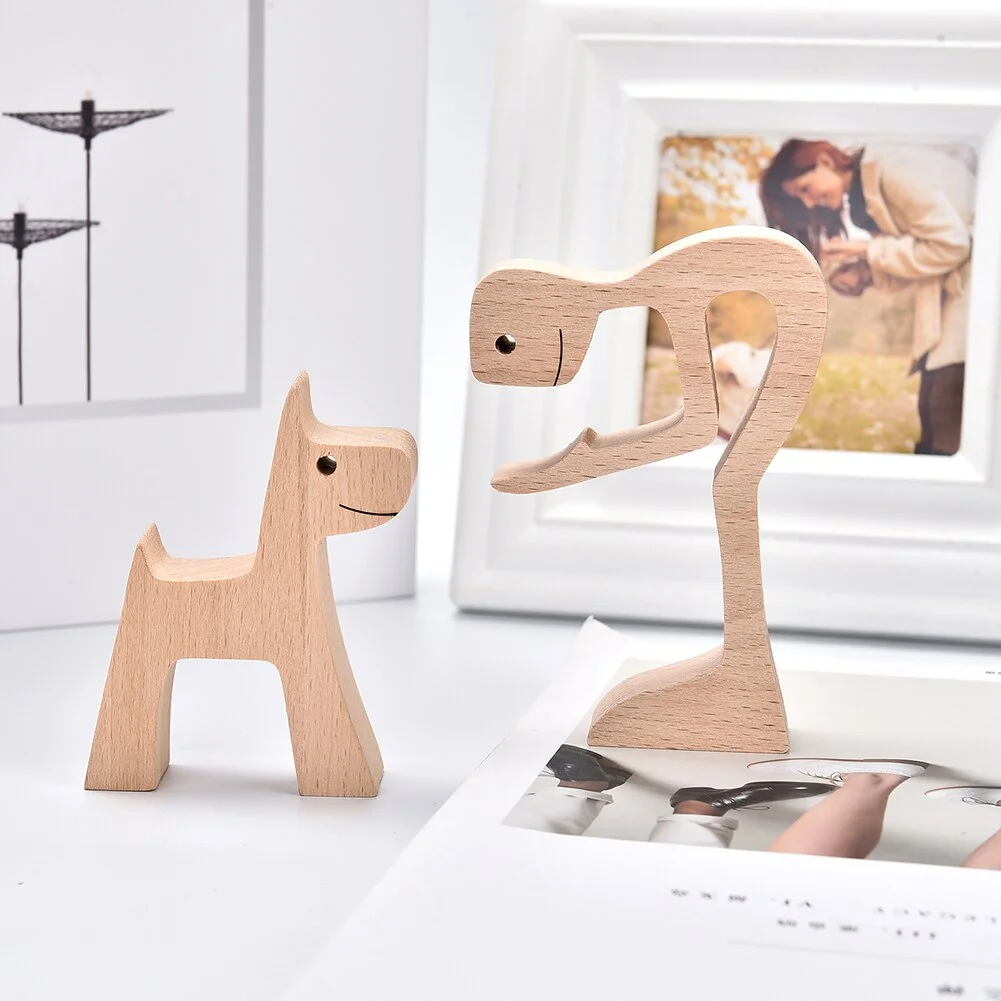 Wood Woman Statue Wooden Dog Carving Figurines Miniatures Desk accessories Home Table Decoration Office Decor