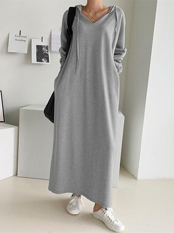 Women's Long Sleeve Hooded Solid Color Maxi Dress