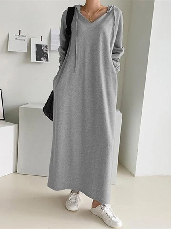 Women's Long Sleeve Hooded Solid Color Maxi Dress