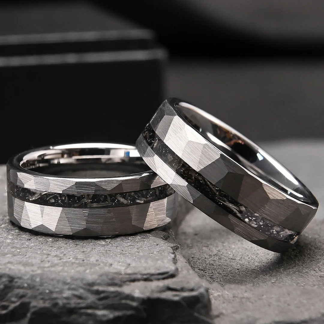 8MM Flat Hammered Tungsten Carbide Rings Sliver Fragments of Meteorite Tungsten Wedding Bands
