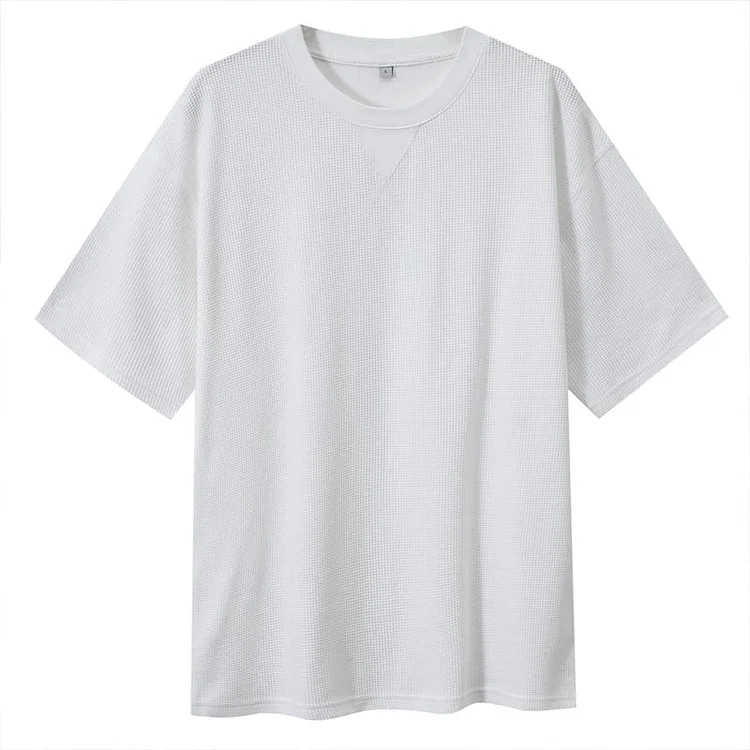 PASUXI Waffle Knit Round Neck T-Shirt Loose Fit Solid Color Inverted Triangle Short Sleeve huanwei