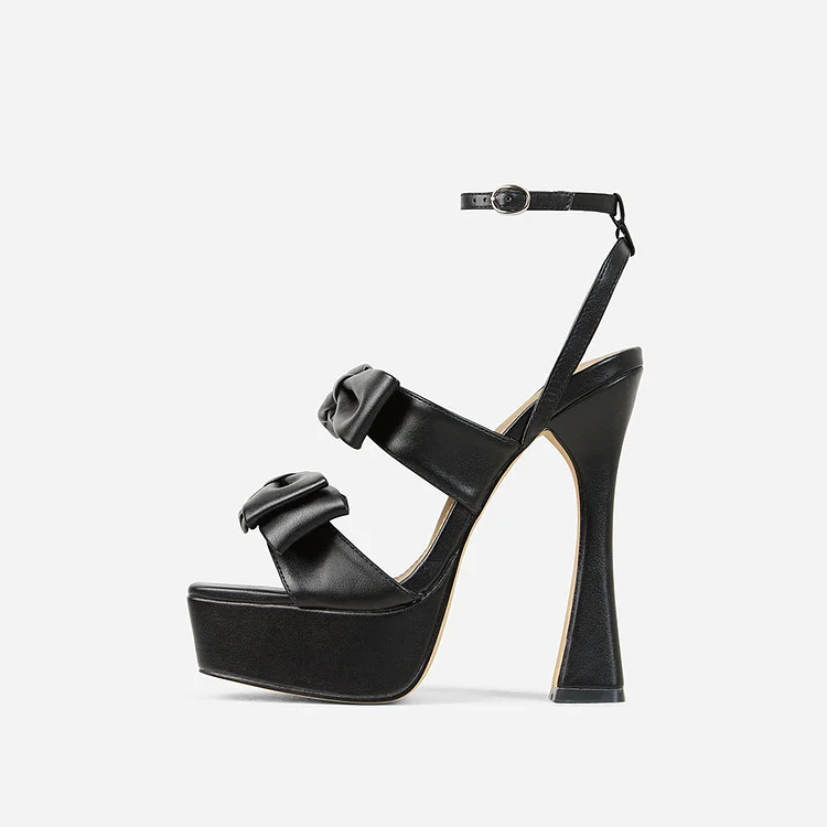 Square Toe Ankle Strap Heels Bow Platform Black Sandals for Women |FSJ Shoes