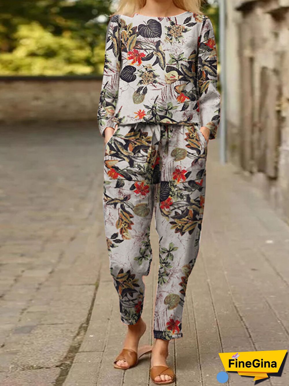 Casual Floral Pattern Elastic Waist Cotton Two-piece Set Suit