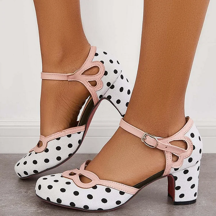 Black & White Polka Dot Mary Jane Round Toe Block Heel Pumps Vdcoo