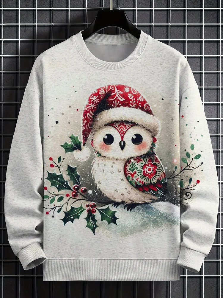 Men's Christmas Holly Owl Graphic Print Casual Sweatshirt