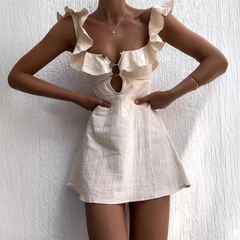 Summer Hollow Out Button Ruffles Sexy V Neck Sleeveless Solid Color Mini Dress