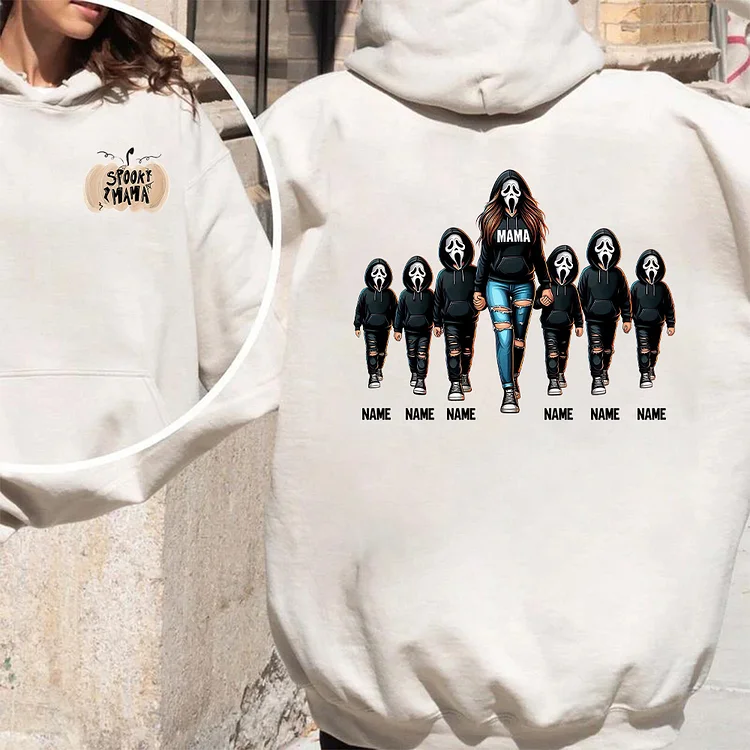 Halloween Horror Mama Custom Kids Name Sweatshirt, Custom Spooky Mama Hoodie, Personalized Halloween Ghost Mama Hoodie