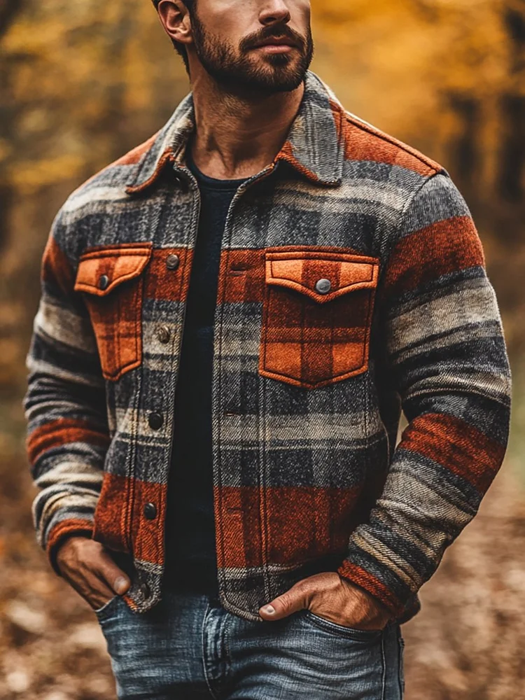 Men's Casual Plaid Long Sleeve Jacket