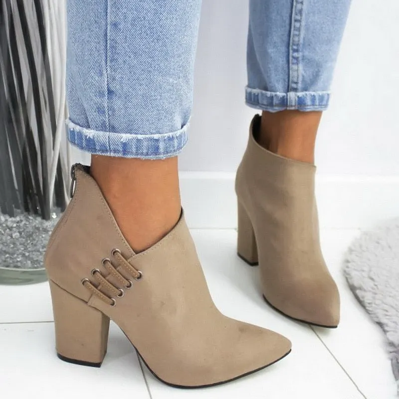 Women's Boots Pointed High Heels Shoes Solid Color Leather Ankle Boots Female Boots Fashion Thick Heel Side Zipper Women Shoes