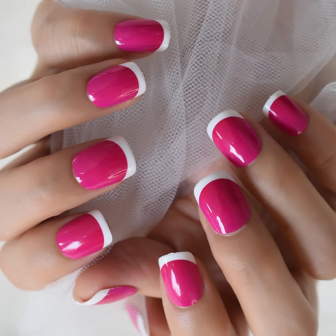 Gorgerous Fashion French Nail Rose Red White Tip Round Faux Ongles Short Lady Artificial Nail Art Tips for Daily Wear 24-Nail Inspo