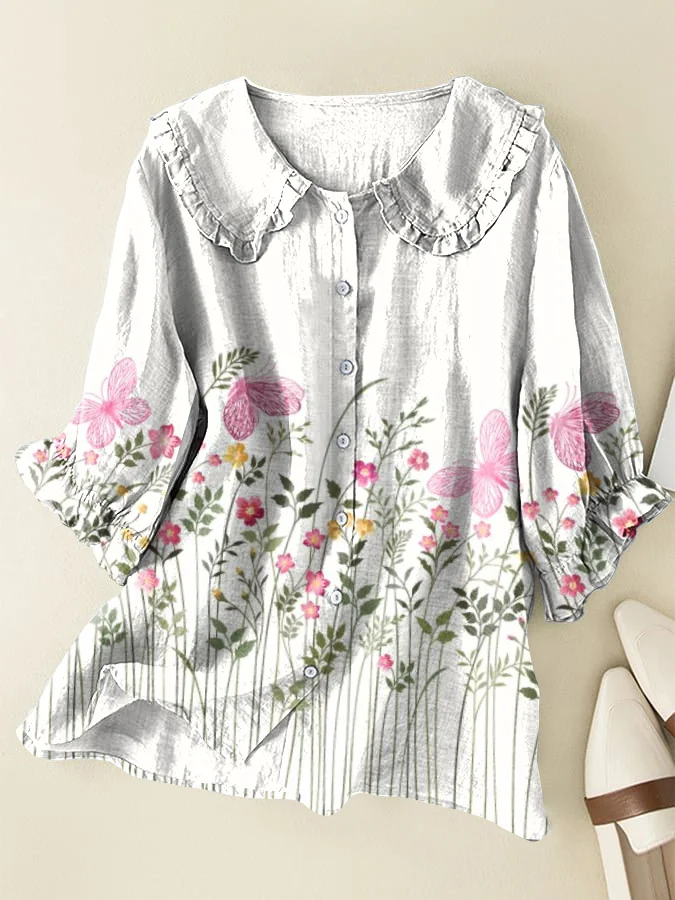 Vintage Floral Butterfly Cotton and Linen Peter Pan Ruffle Collar Shirt